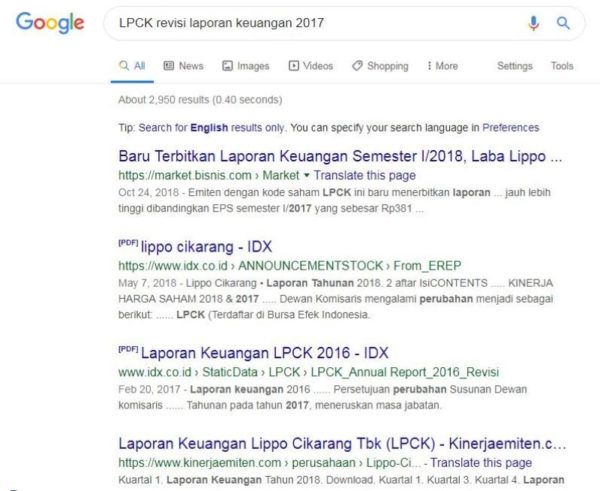 Dengan keyword LPCK revisi Laporan Keuangan 2017, tidak ada berita klarifikasi apapun 1