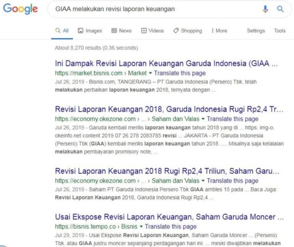 Dengan keyword GIAA revisi Laporan Keuangan 2018, beritanya ada di mana-mana 1